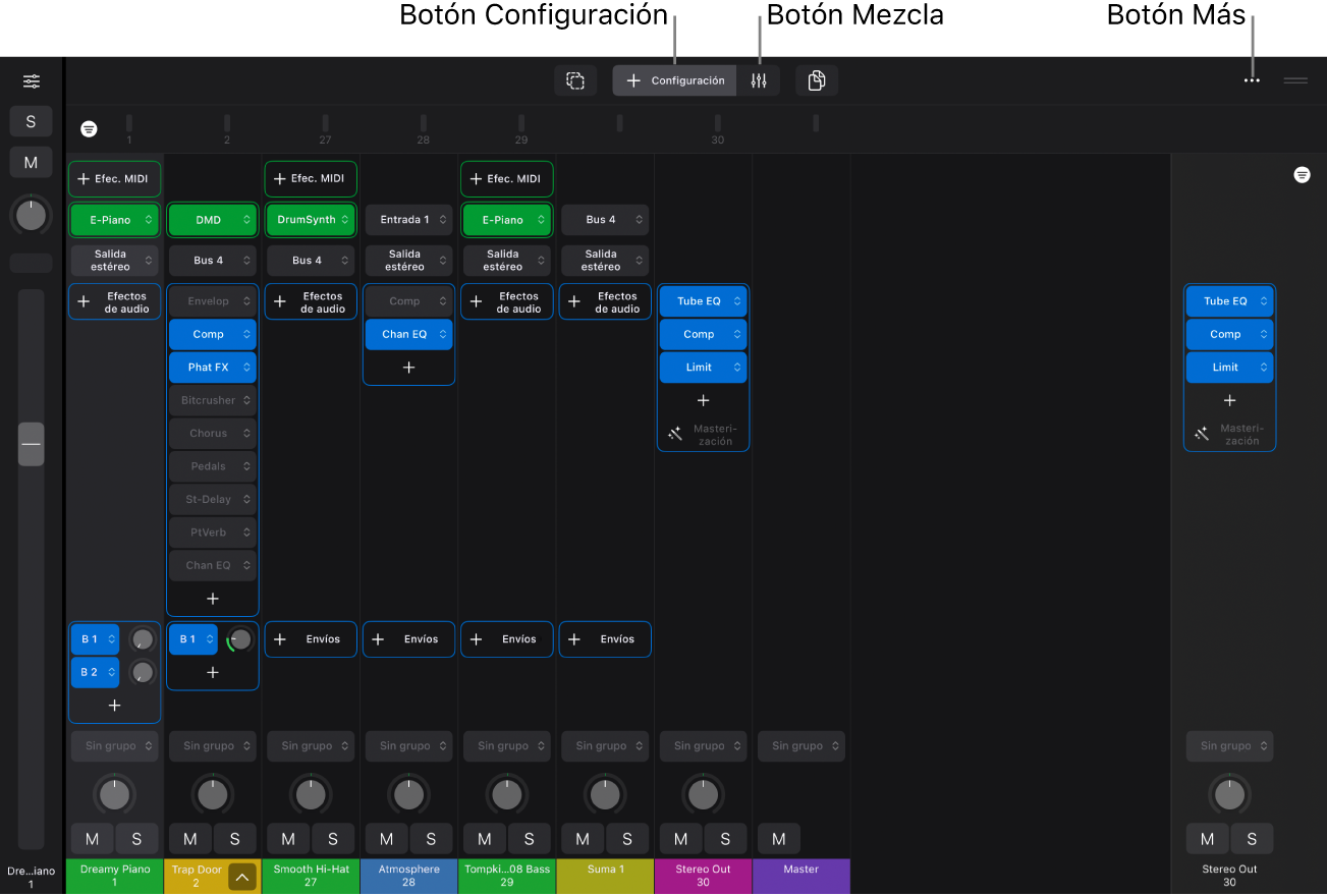 Ilustración. Mezclador con ranuras para módulos, controles de canal y textos sobre los botones de configuración y de mezcla.