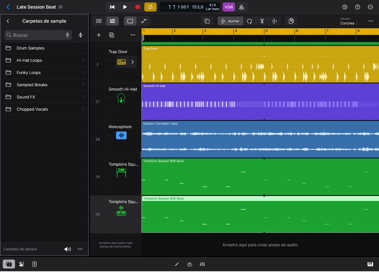 Ilustración. Logic Pro para iPad con la sección “Carpetas de samples” en el explorador.