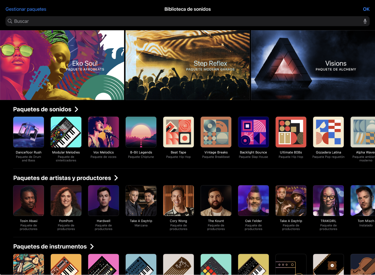 Ilustración. La biblioteca de sonidos de Logic Pro para iPad.