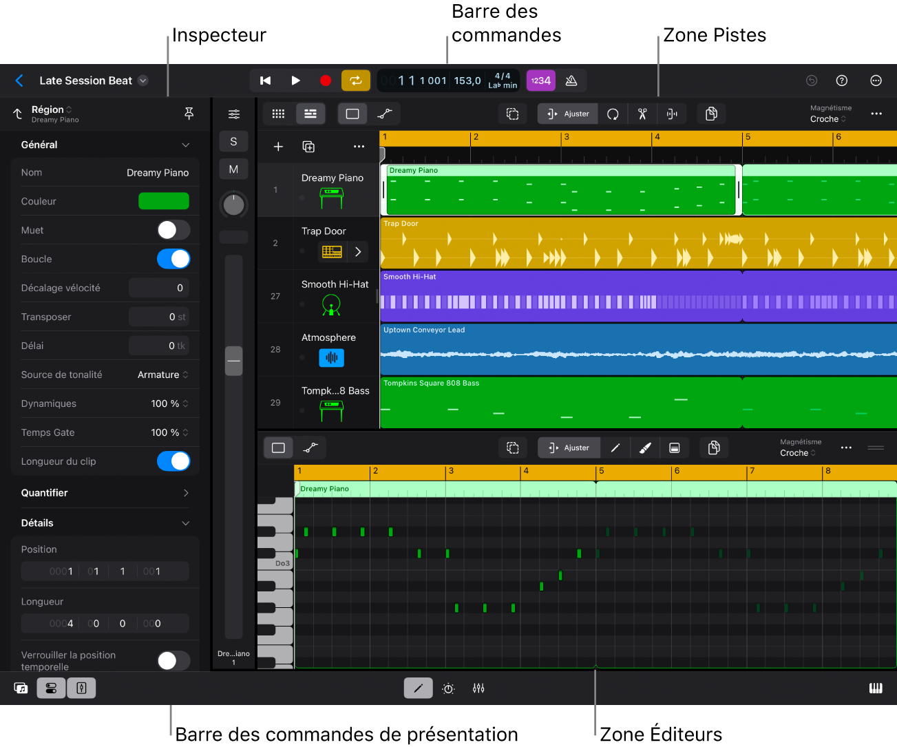 Figure. Projet Logic Pro en cours de lecture, avec la zone Pistes, l’inspecteur et l’éditeur de partition défilante visibles.
