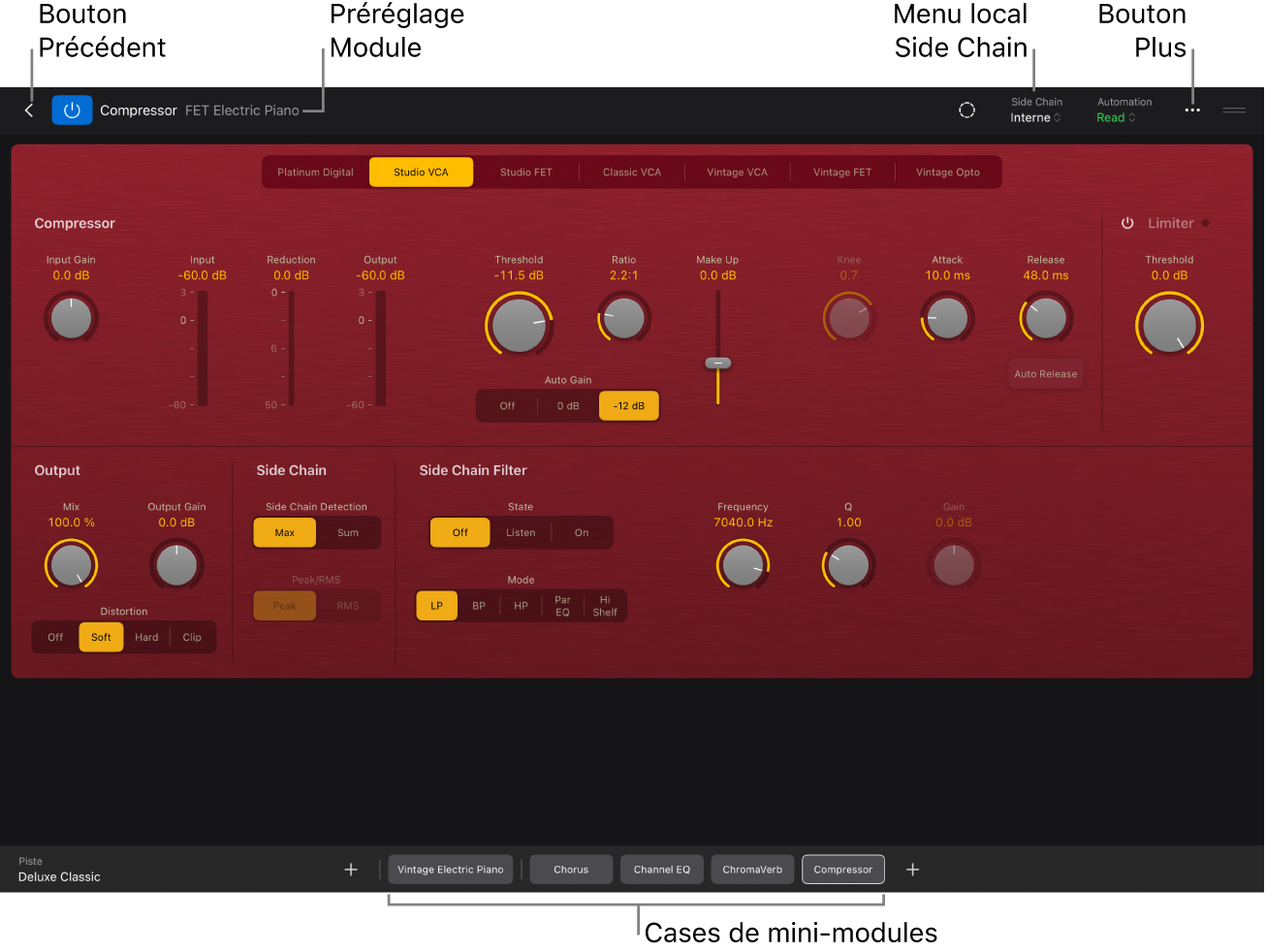Figure. Module Compressor ouvert dans la présentation Détails affichant le bouton Retour, le menu des préréglages de module, le menu local « Side Chain » et les mosaïques miniatures de modules.