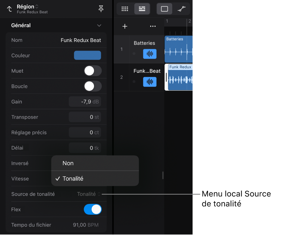 Figure. Inspecteur de région affichant le menu local « Source de tonalité » pour les boucles audio Apple Loops.