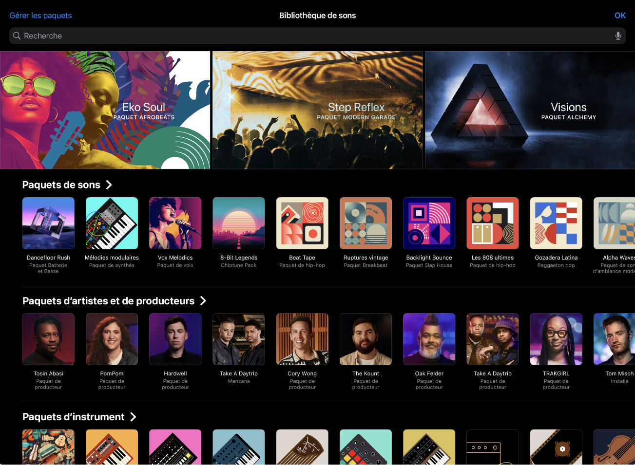 Figure. Bibliothèque de sons dans Logic Pro pour iPad.