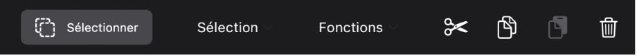 Figure. Barre des menus de la zone Pistes avec le bouton Sélectionner activé, montrant les menus Sélection et Fonctions.