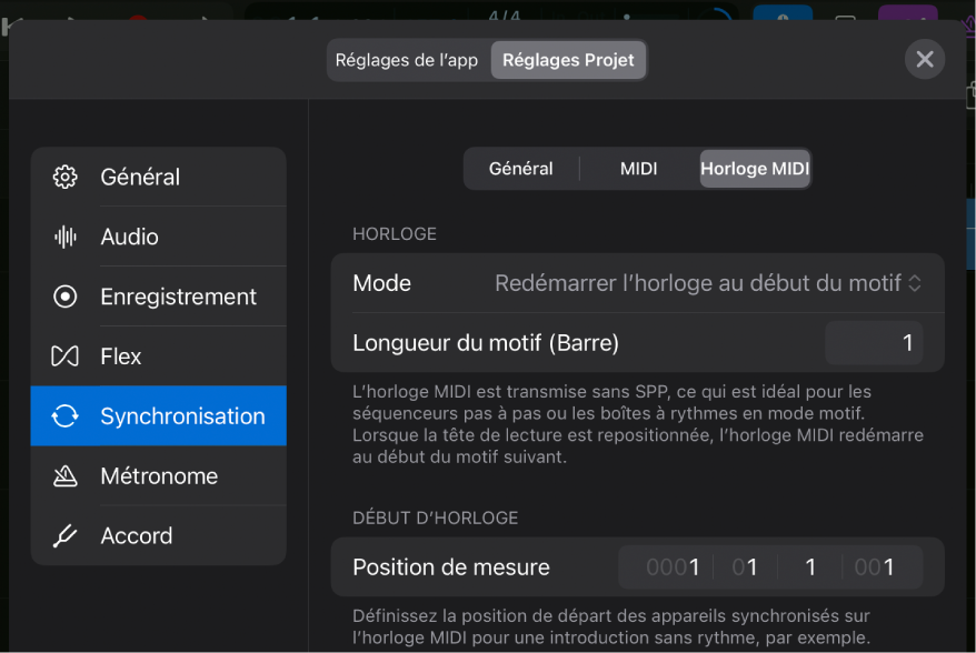 Réglages « Horloge MIDI » du projet de la section Synchronisation.