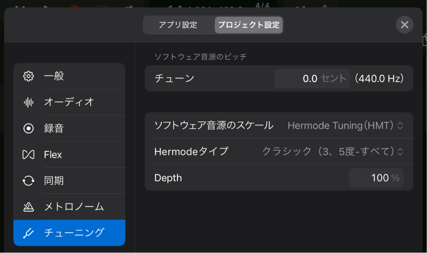 「チューニング」プロジェクト設定。
