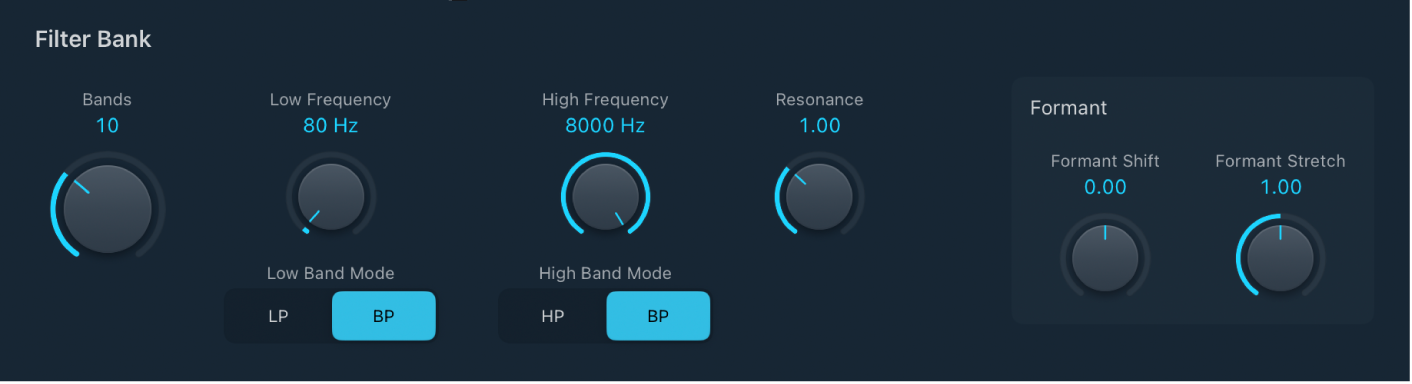 図。EVOC 20 TrackOscillatorの「Filter Bank」のパラメータ。