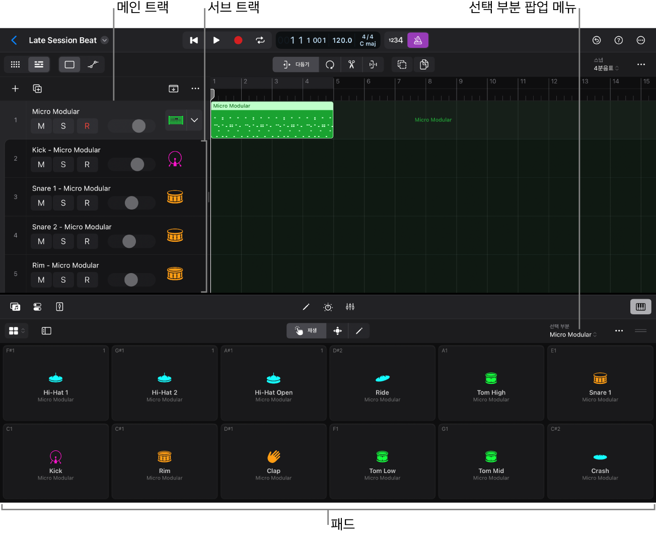 확장된 Track Stack 및 Drum Machine Designer 플레잉 서피스.