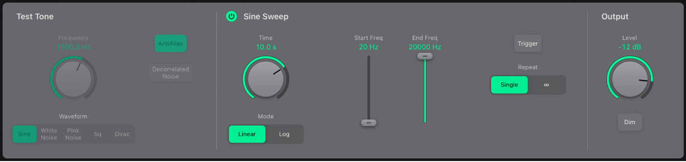 그림. Sine Sweep 파라미터가 강조 표시되는 Test Oscillator 윈도우.