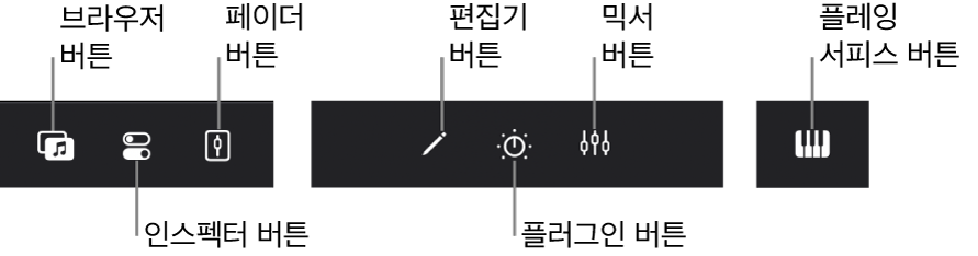그림. 브라우저, 인스펙터, 페이더, 편집기, 플러그인, 믹서 및 플레잉 서피스 버튼이 표시된 보기 컨트롤 막대.