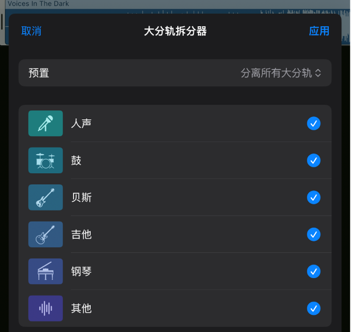 图。“大分轨拆分器”窗口显示“预置”菜单,以及用于选择或取消选择单个待提取大分轨的复选框。