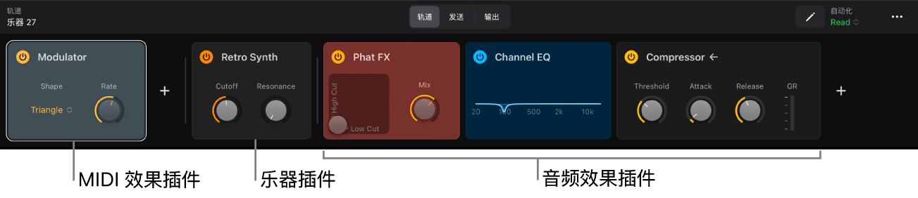 图。显示 MIDI 效果、乐器和音频效果插件的插件区域。