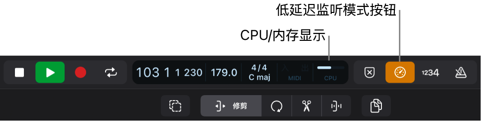图。CPU 显示和“低延迟监听模式”按钮。