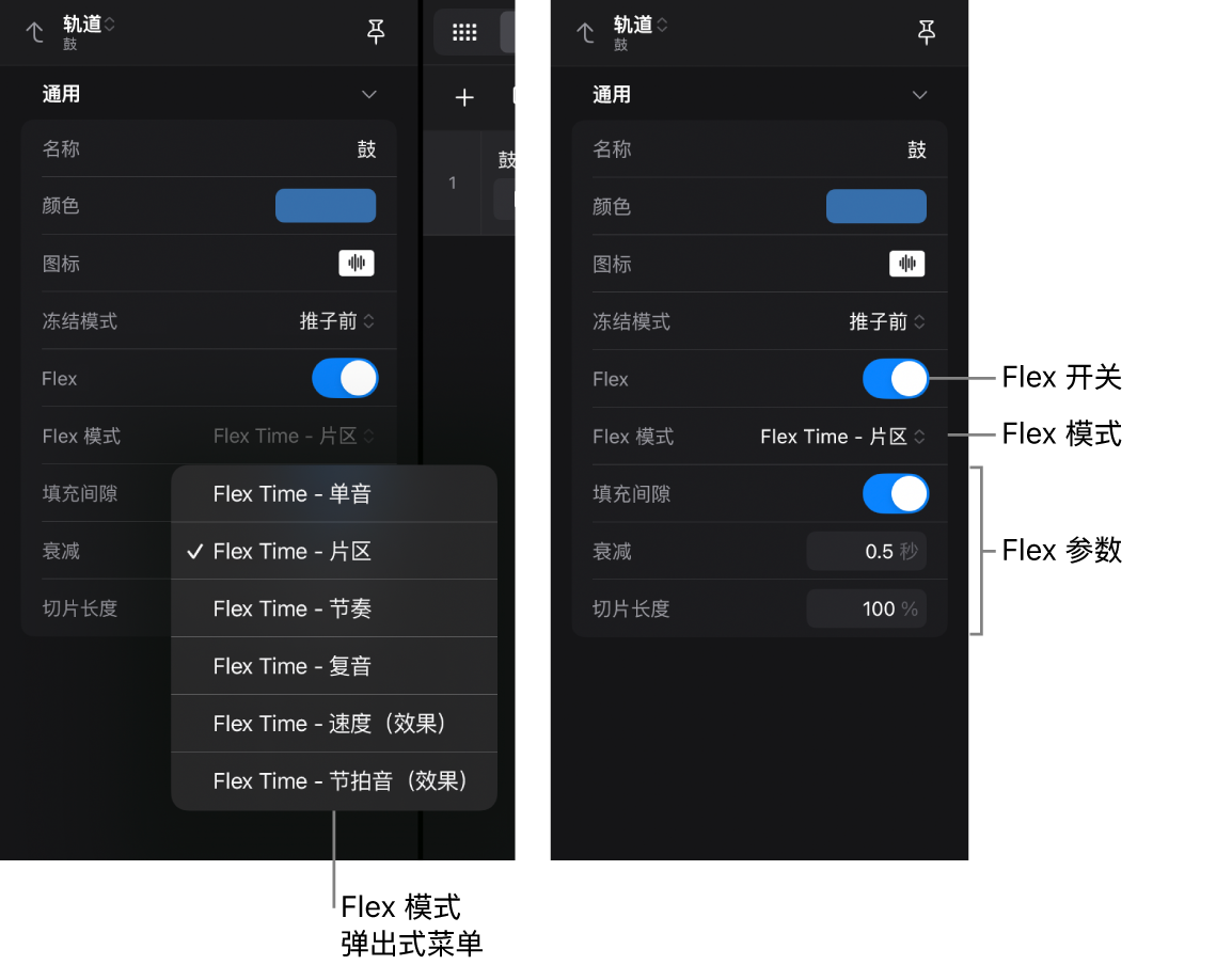图。轨道检查器显示 Flex 设置。