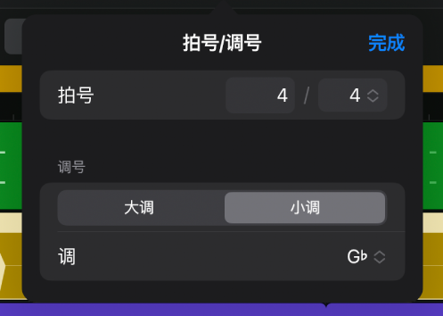“拍号/调号”对话框,显示拍号区域,带有节拍数和音符值控制。