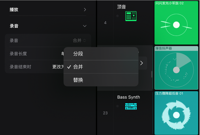 图。单元格检查器中的“录音”设置,显示录音模式。