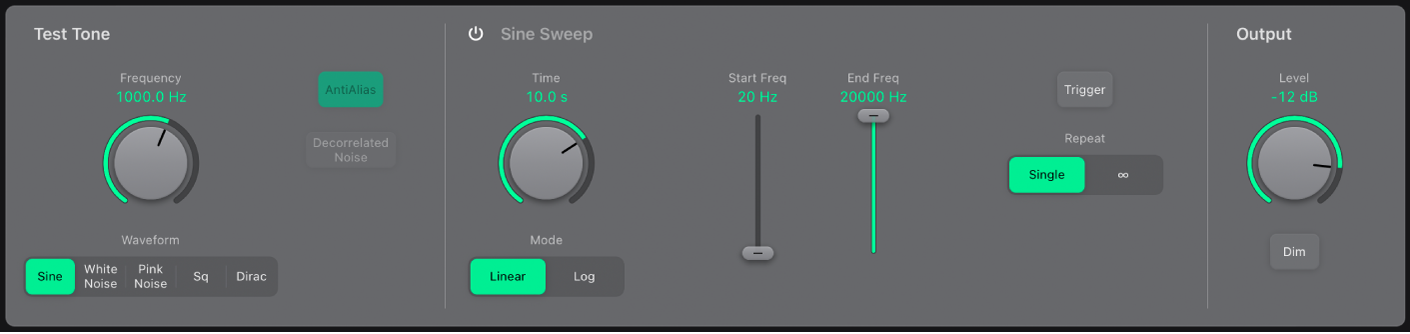 图。Test Oscillator 窗口,高亮标记了“测试音调”参数。