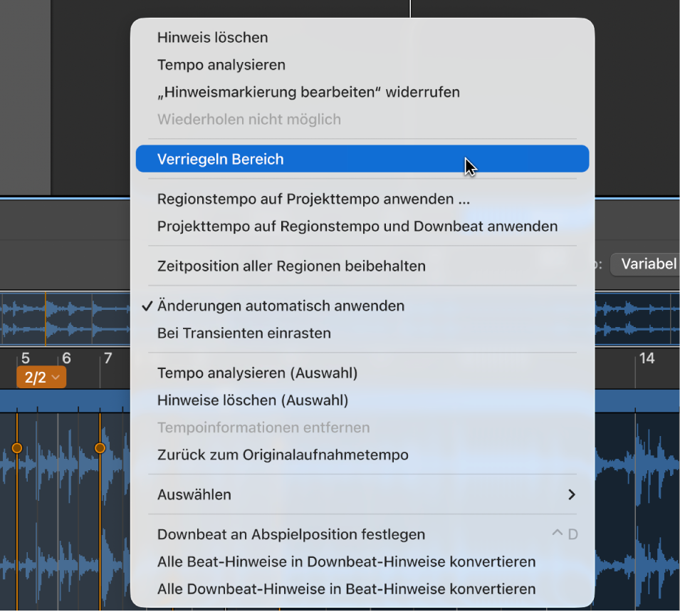 Abbildung. Editor „Smart Tempo“ mit gesperrtem Bereich