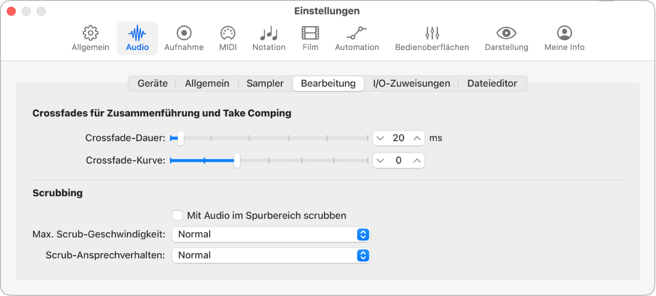 Abbildung. Einstellungsbereich „Audio“ > „Bearbeitung“