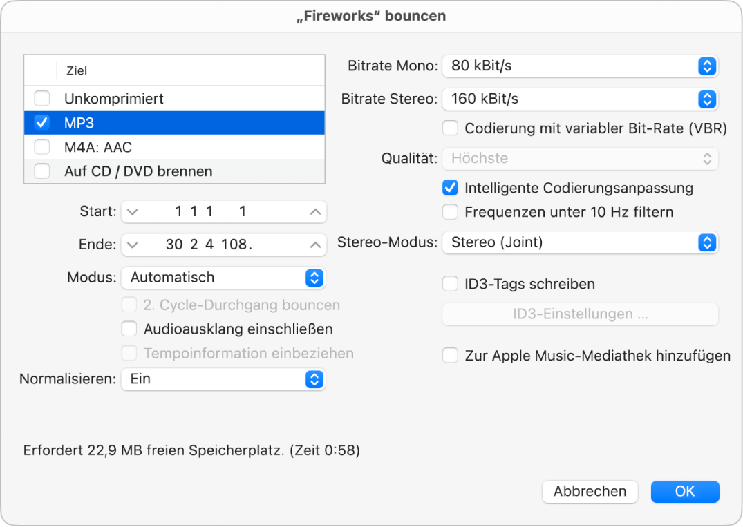 Abbildung. MP3-Optionen im Bounce-Dialog