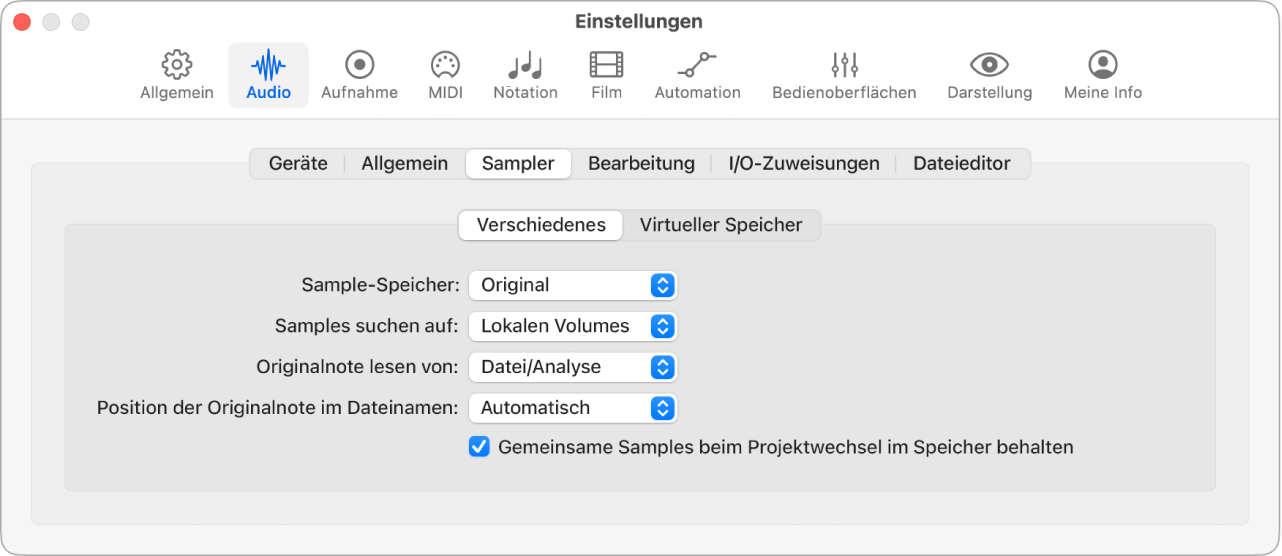 Abbildung. Einstellungsbereich „Verschiedenes“.