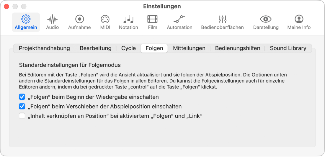 Abbildung. Einstellungsbereich „Allgemein“ > „Folgen“.