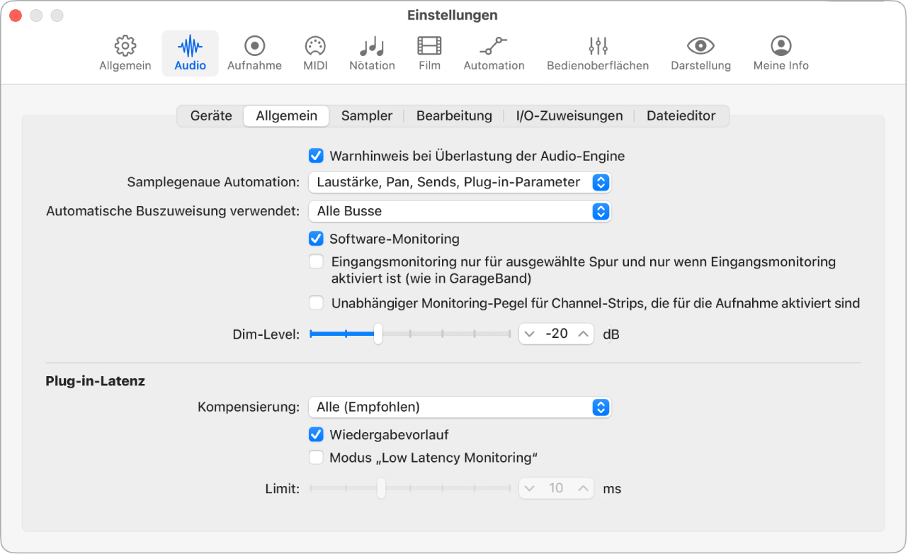 Abbildung. Der Bereich „Allgemein“ der Audioeinstellungen.