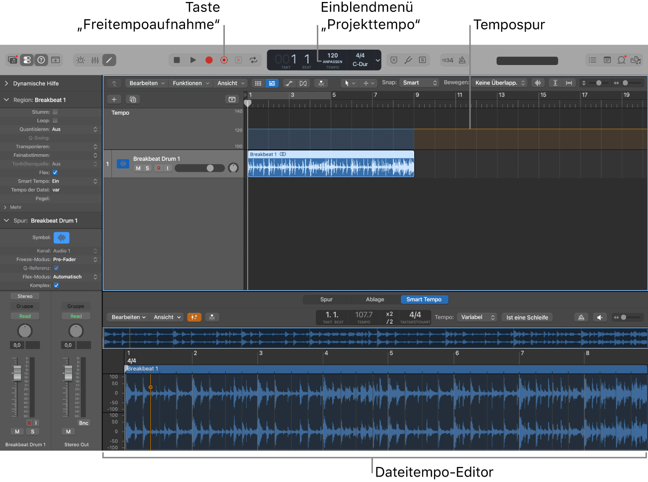 Abbildung. Projekt mit Aufnahme, ausgewähltem Modus „Anpassen“, Tempowechsel auf de Tempospur und geöffnetem Editor „Smart Tempo“.