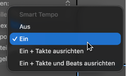 Abbildung. Einblendmenü „Smart Tempo“ im Informationsfenster „Region“ mit den verfügbaren Optionen.