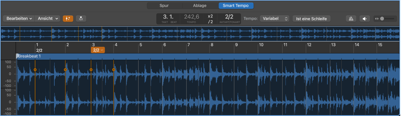 Abbildung. Editor „Smart Tempo“ mit Downbeat-Hinweisen, Beat-Hinweisen und Taktart-Hinweisen