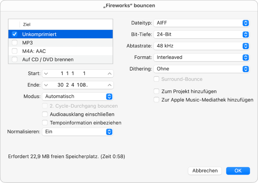 Abbildung. Optionen für „Unkomprimiert“ im Bounce-Dialog