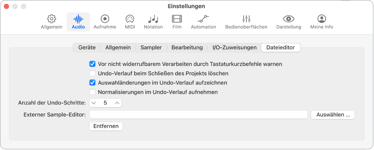 Abbildung. Einstellungsbereich „Audio“ > „Dateieditor“