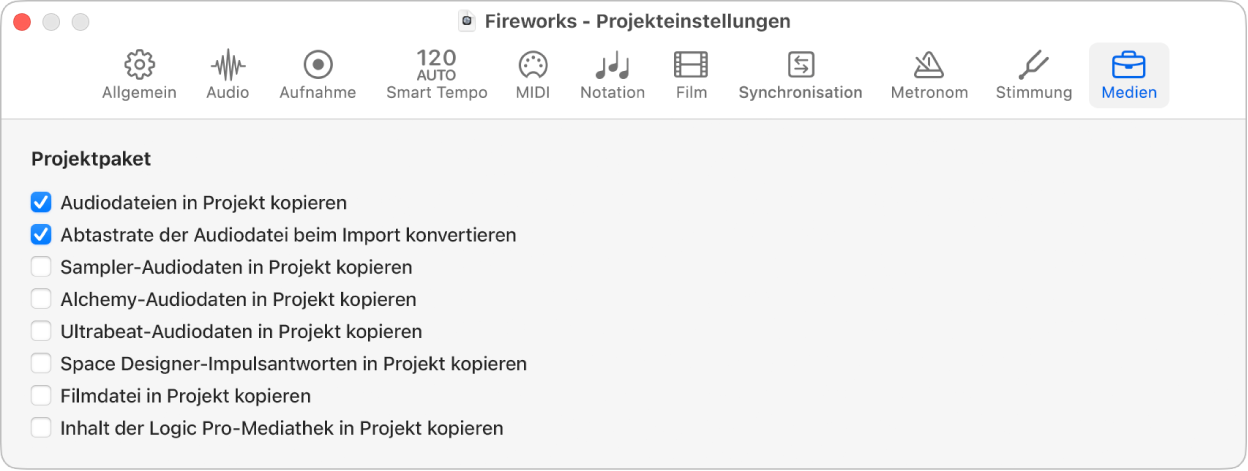 Abbildung. Projekteinstellungsbereich „Medien“