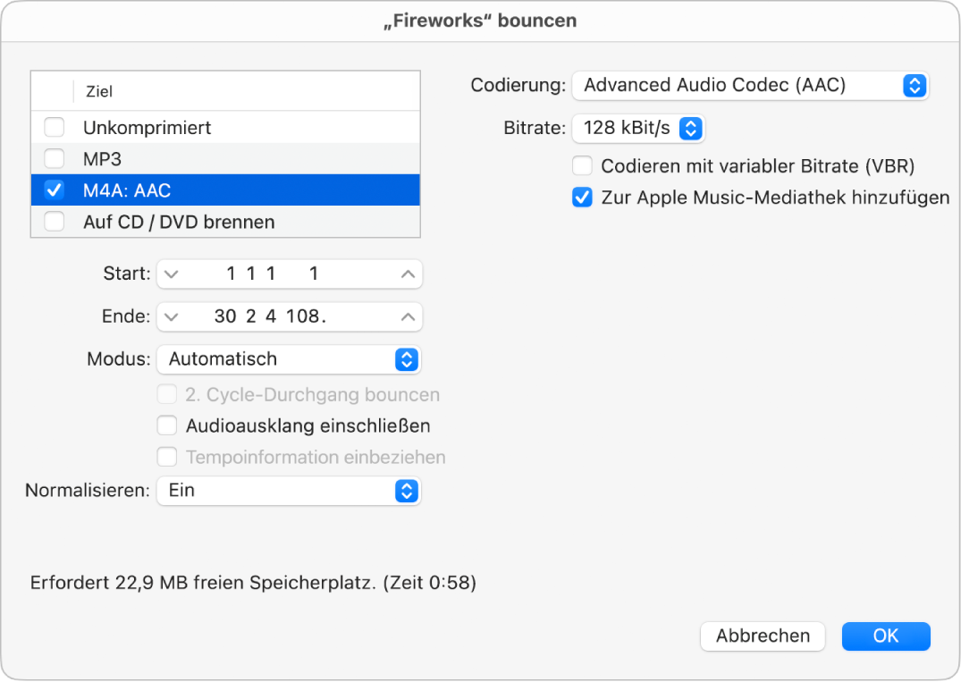 Abbildung. M4A: AAC-Datei-Optionen im Bounce-Dialog.