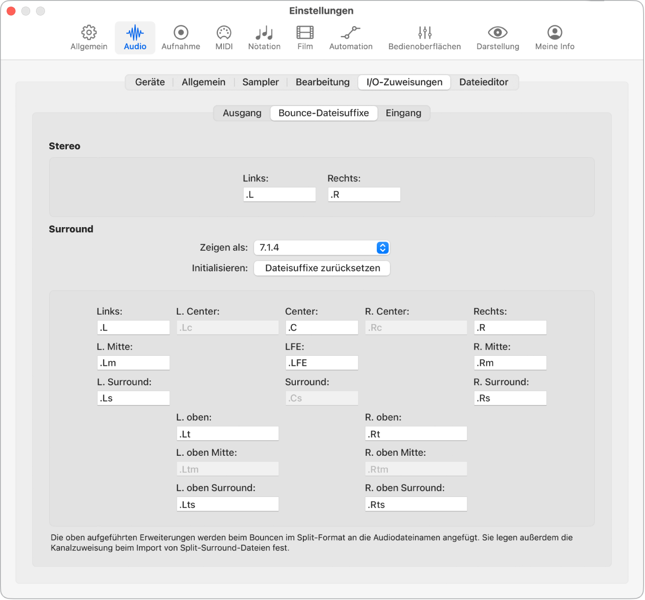 Abbildung. Einstellungsbereich „Audio“ > „I/O-Zuweisungen“ > „Bounce-Dateisuffixe“.
