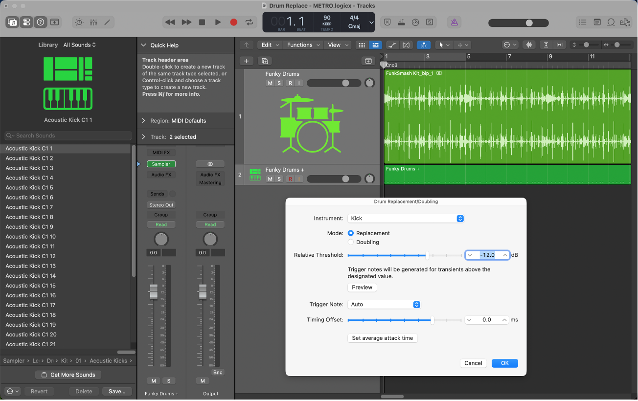 Figure. Tracks area with audio track zoomed, Library open showing drum sounds, and Drum Replacement/Doubling dialog open.