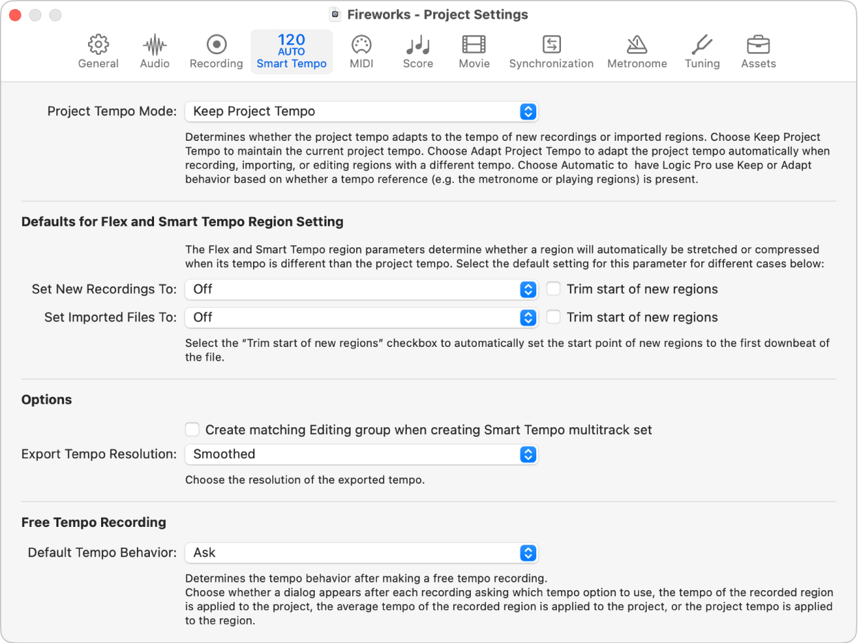 Figure. Smart Tempo project settings.