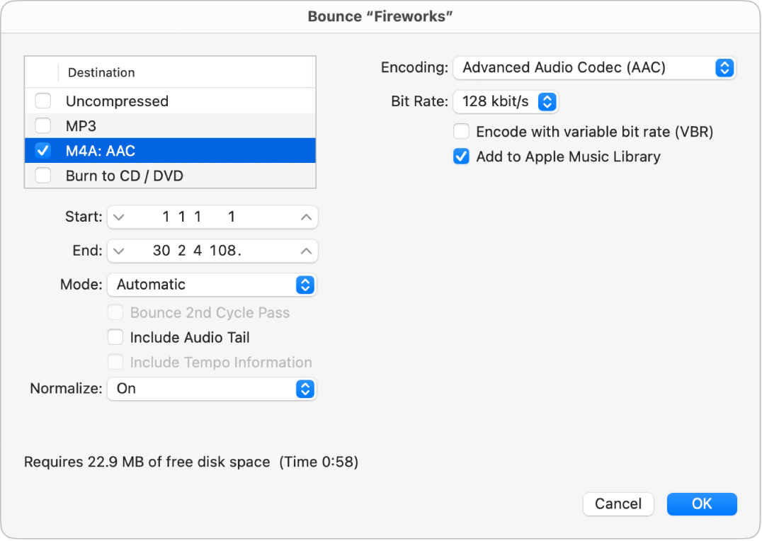 Figure. M4A: AAC file options in the Bounce dialog.