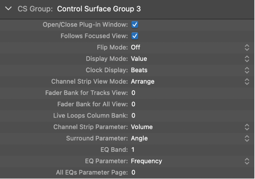 Figure. Picture of Control Surface Group display parameters.