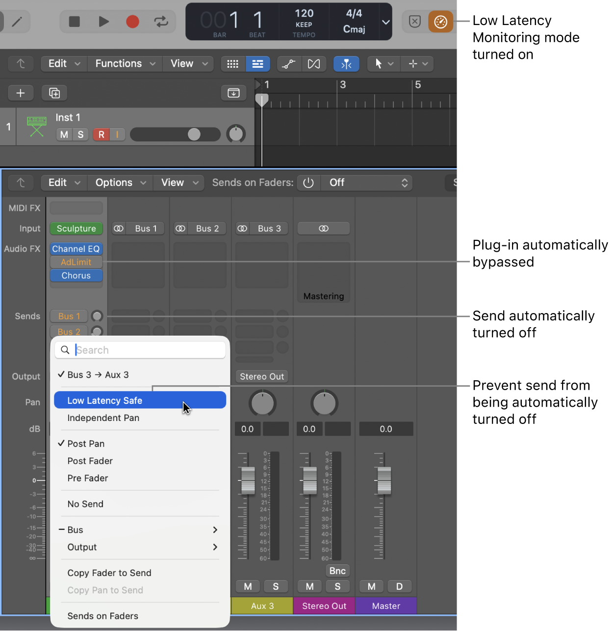 Figure. Send slot shortcut menu showing Low Latency Safe menu item.