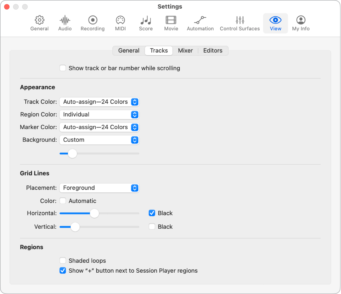 Figure. Tracks View settings.