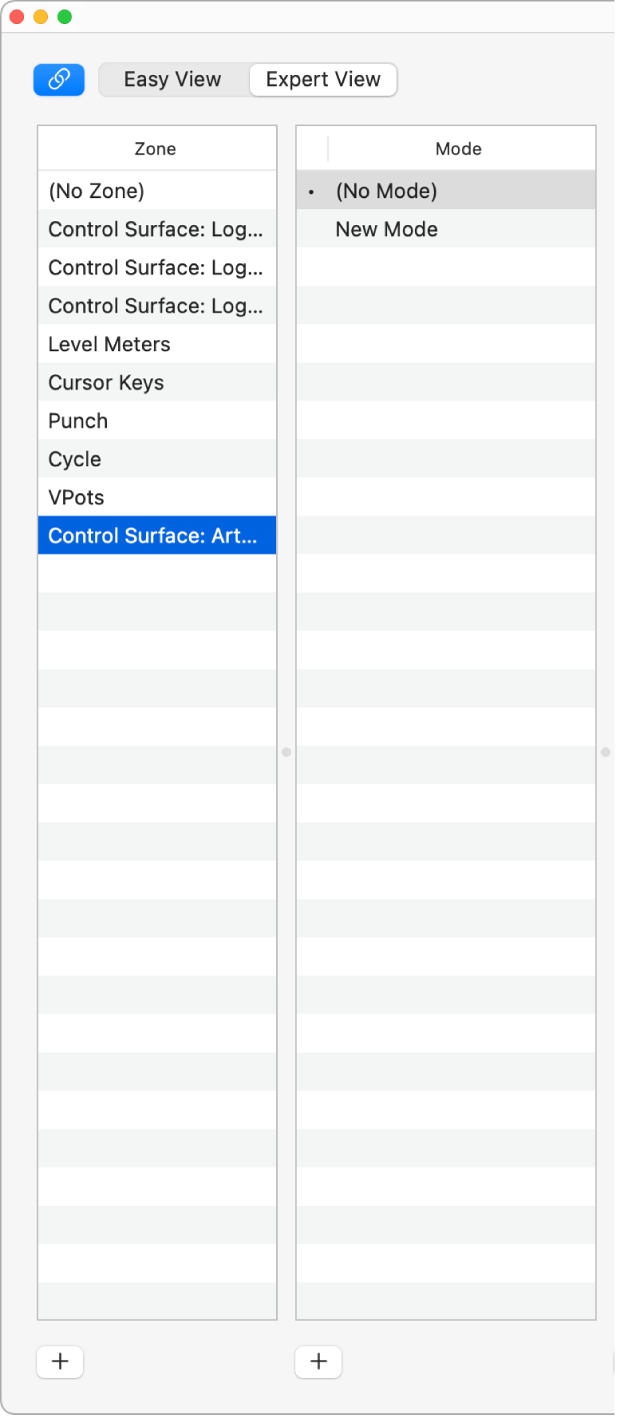 Figure. Zone and Mode lists in Controller Assignments window.