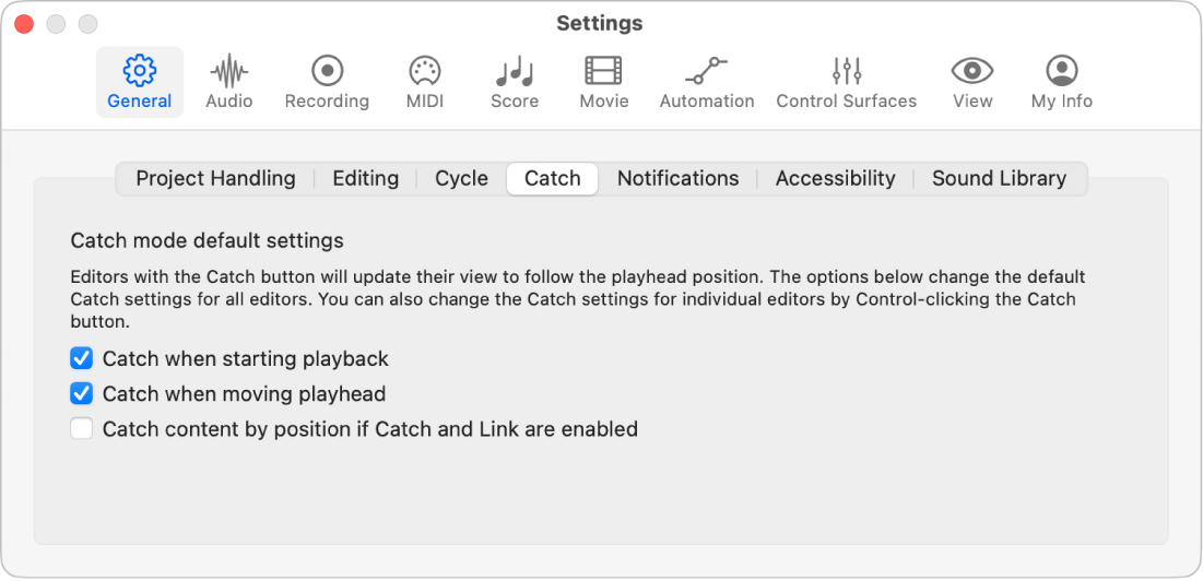 Figure. Catch settings.
