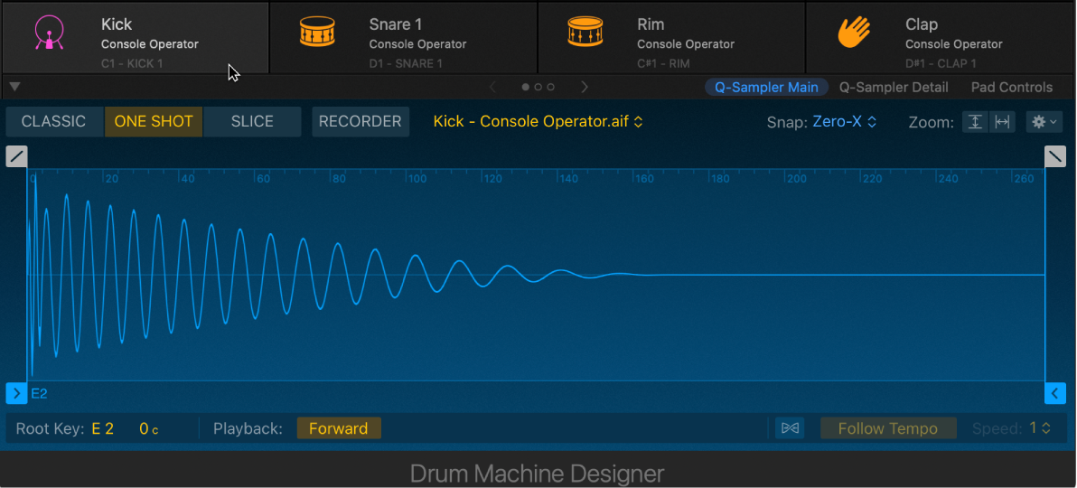 Figure. Drum Machine Designer with pad selected, showing the Plug-in pane.