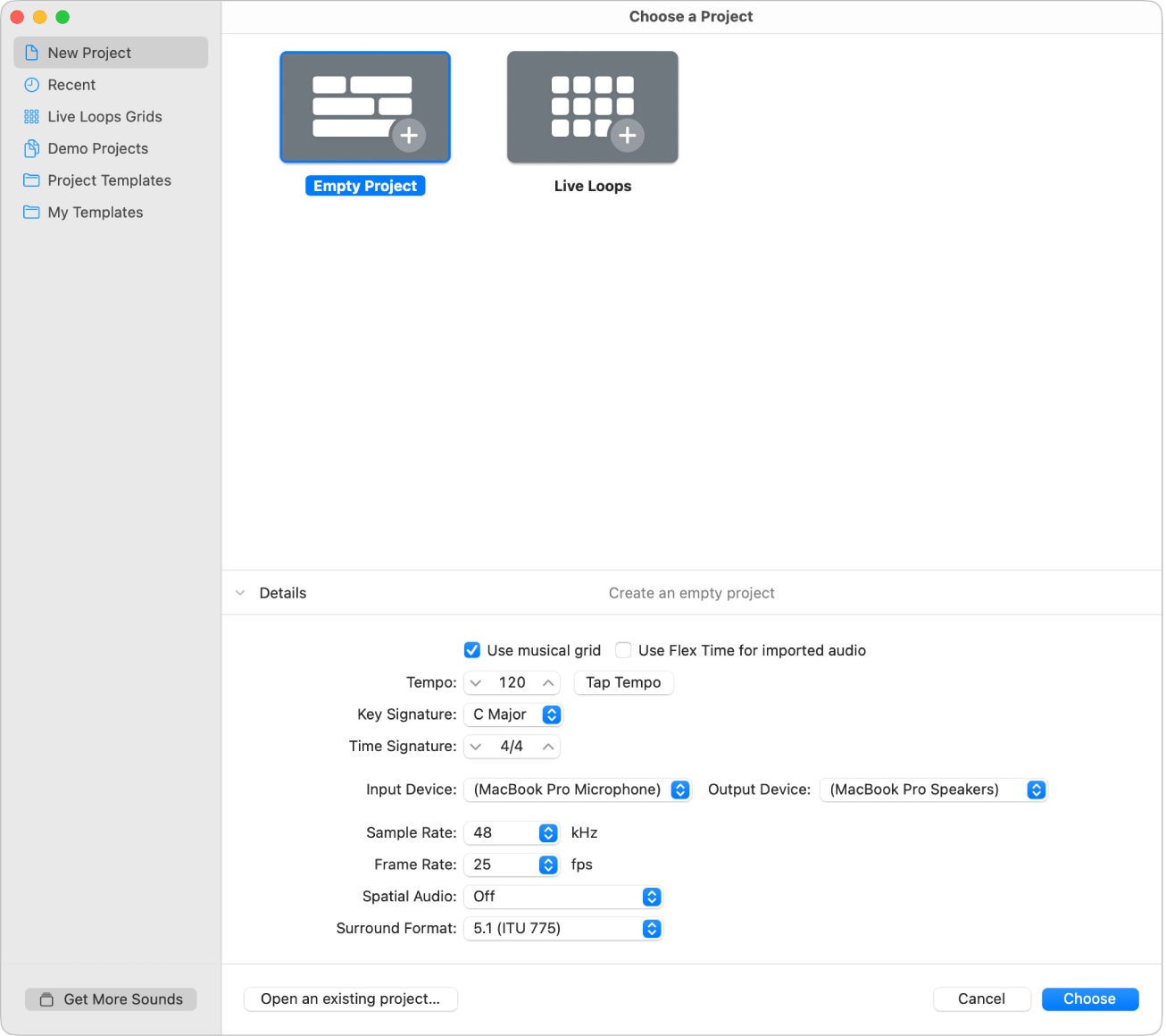 Figure. Details in the lower half of the Project Chooser, for setting project properties.