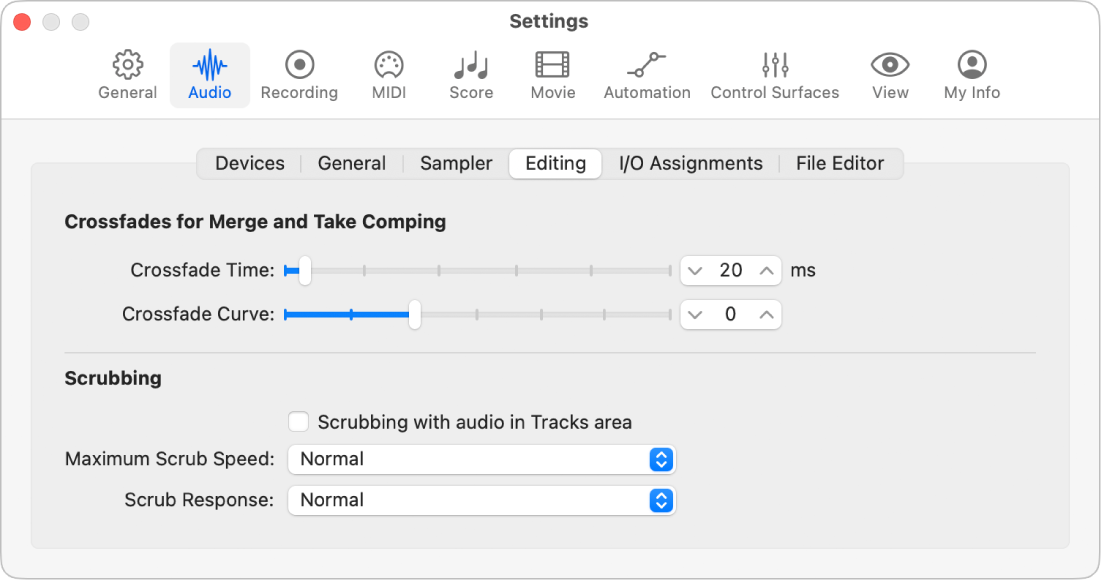 Figure. Audio Editing settings.