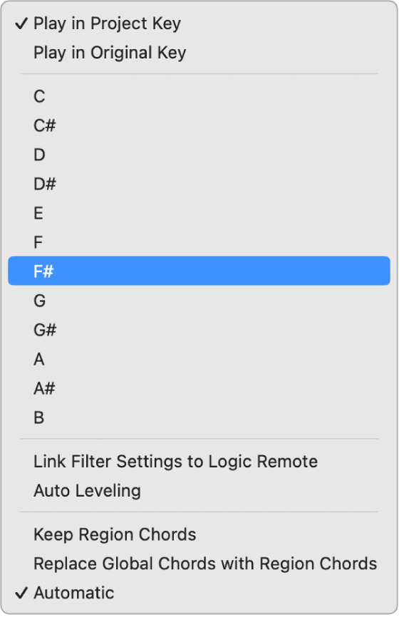 Figure. Play in Key pop-up menu.