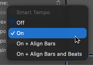 Figure. Smart Tempo pop-up menu in Region inspector, showing the available choices.