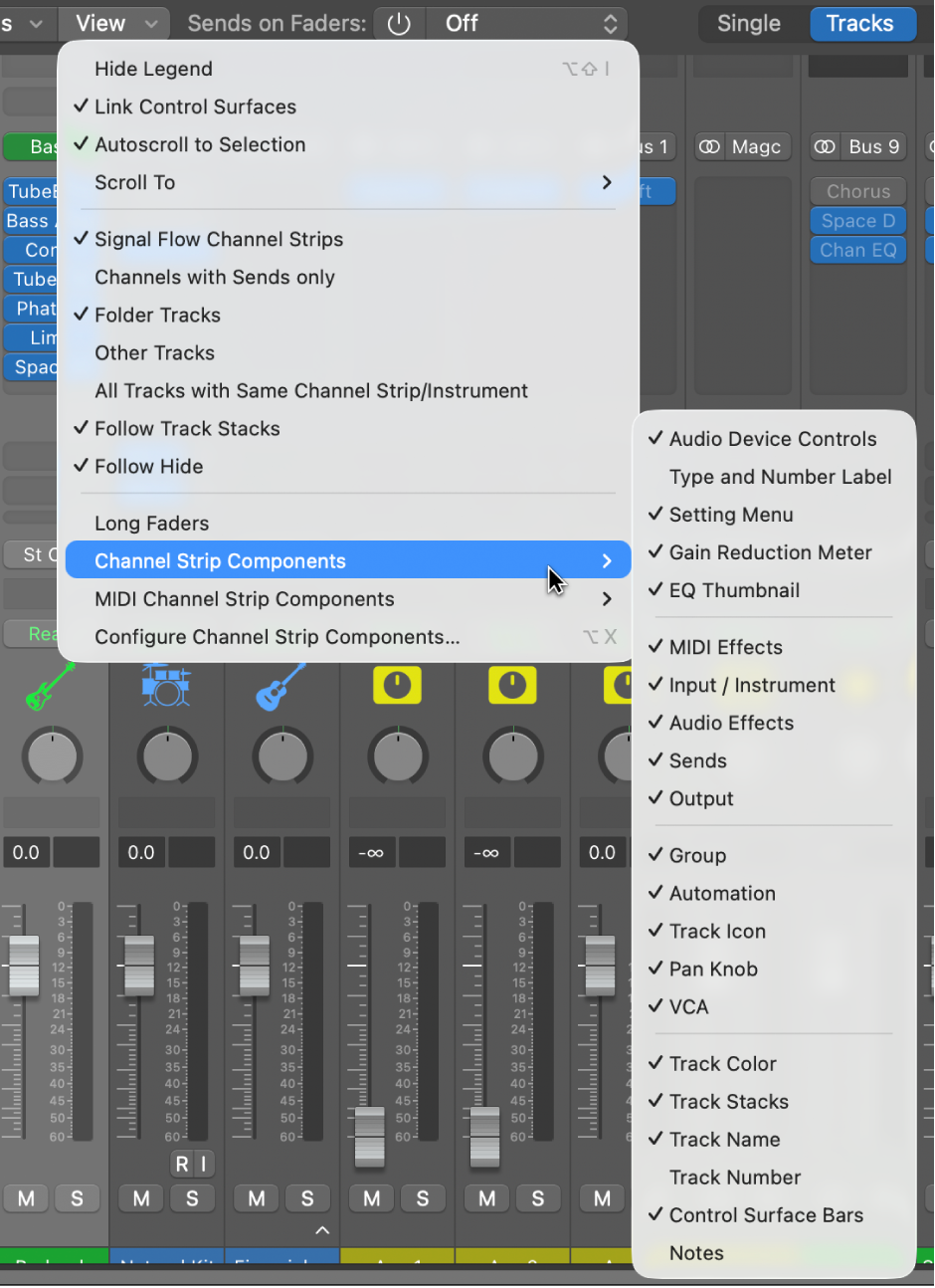 Figure. Channel Strip Components submenu of the Mixer View menu.
