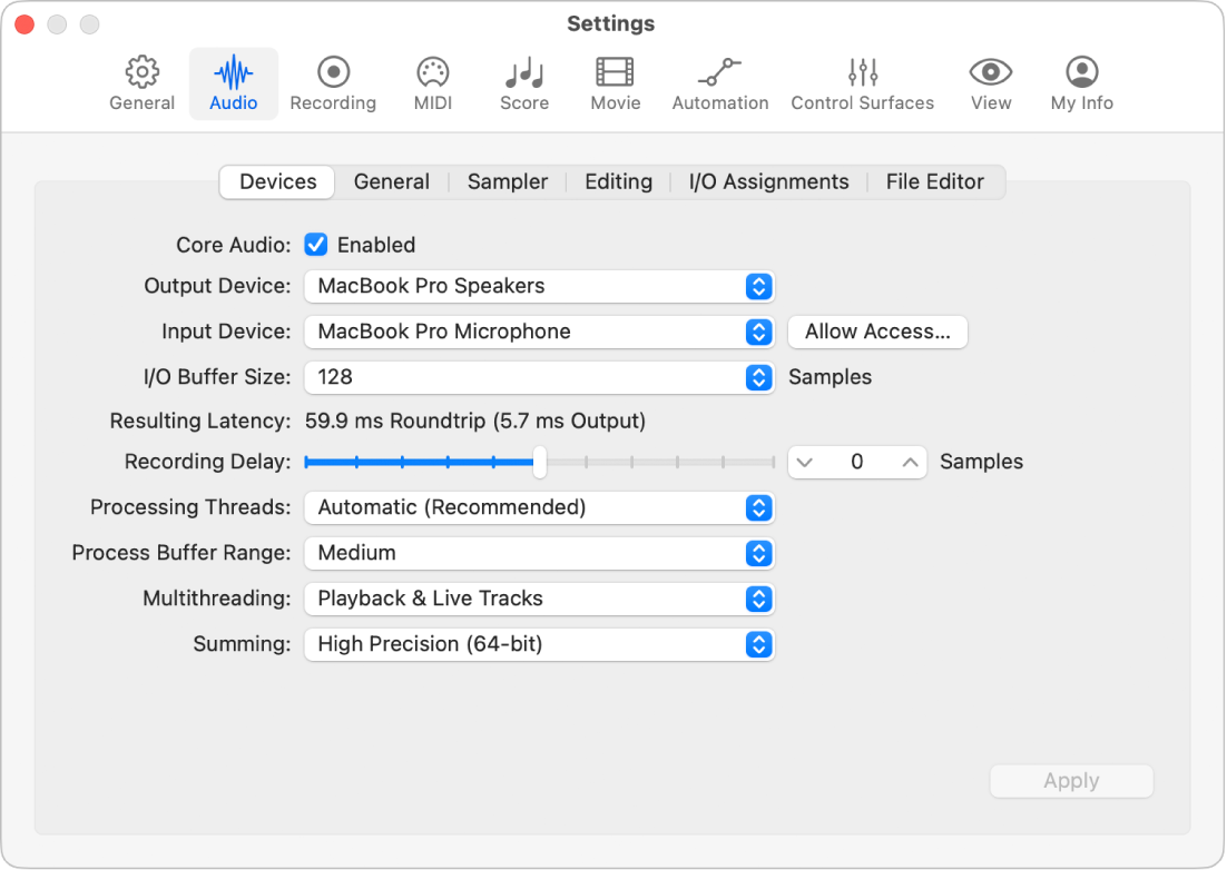 Figure. Audio Devices settings.
